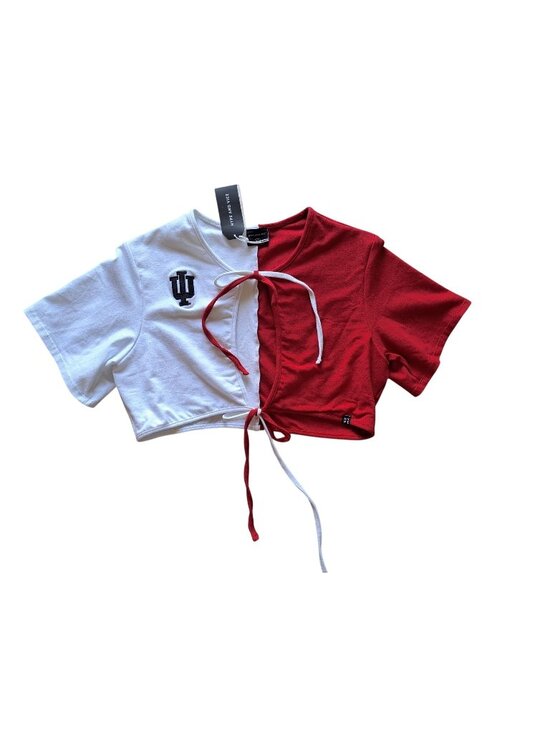Hype and Vice Tops - NEW IU Half-Red Half-White Crop Top XL Hype And Vice Front Tie Hoosiers College